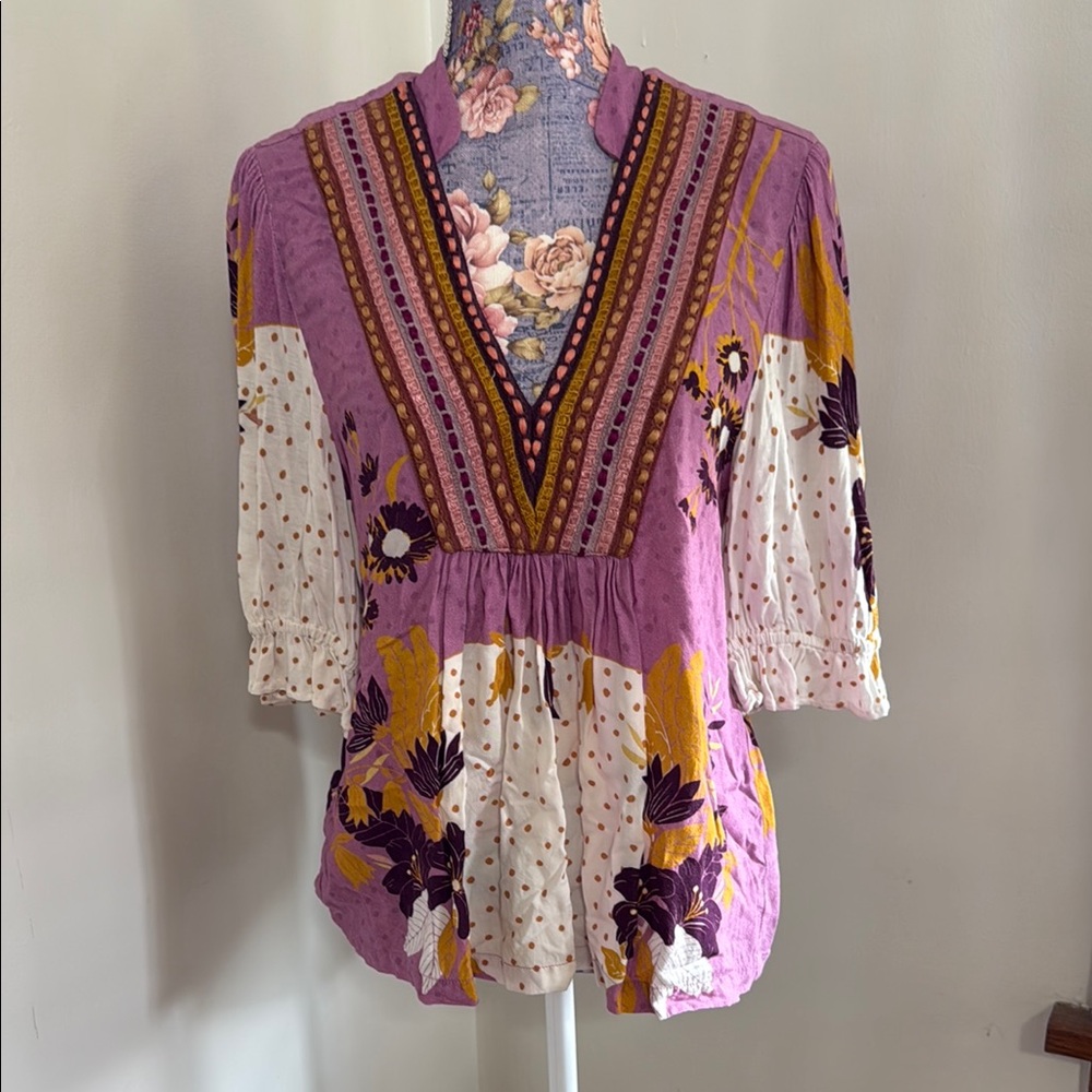 Floral V-Neck Blouse - Purple and White